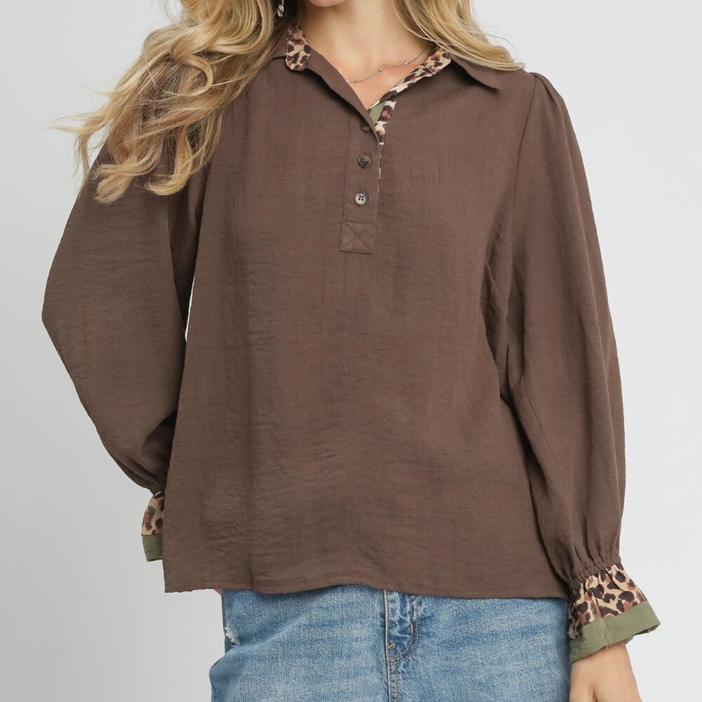 Umgee Half Button‎ Blouse with Leopard Print Trim